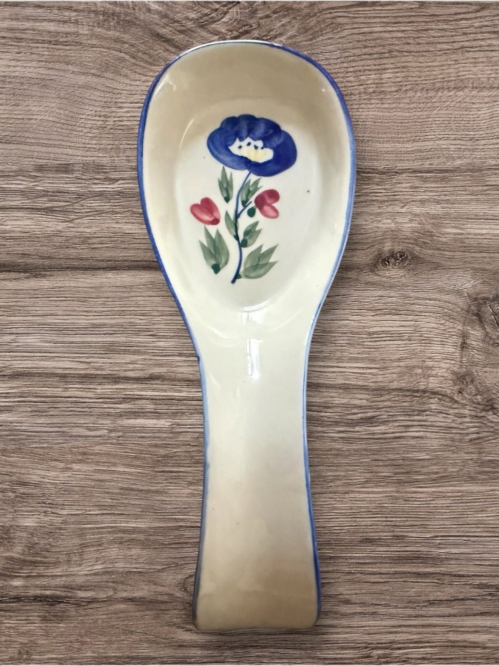 Ceramic Floral Spoon Rest Blue Poppy Hand Painted Vintage Style Kitchen Decor
